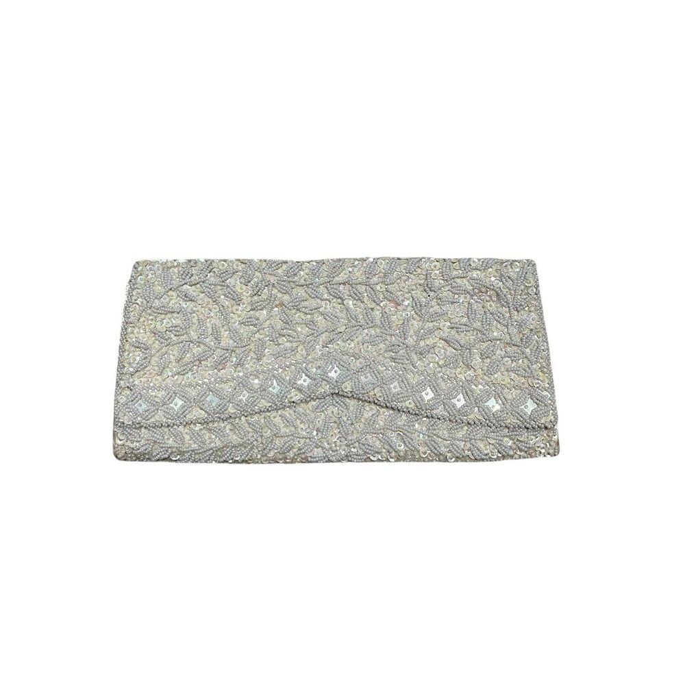 Vintage Cream Satin Beaded Sequin Iridescent Clutch